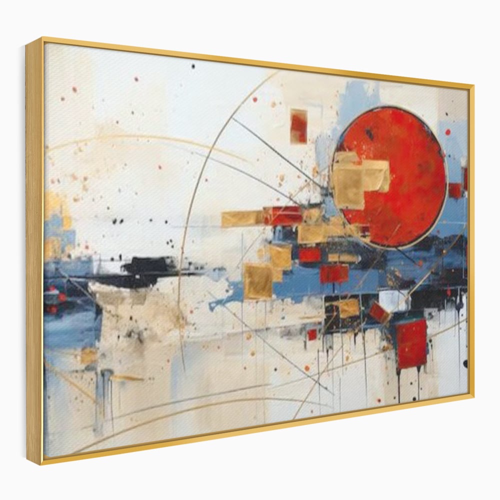 Tablou canvas cu tablou abstract cu cerc rosu si linii, in rama de aluminiu auriu